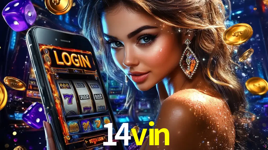 Mulher glamorosa segurando um smartphone com a tela de login para os jogos de caça-níqueis do cassino online 14vin, com moedas de ouro e dados ao redor.