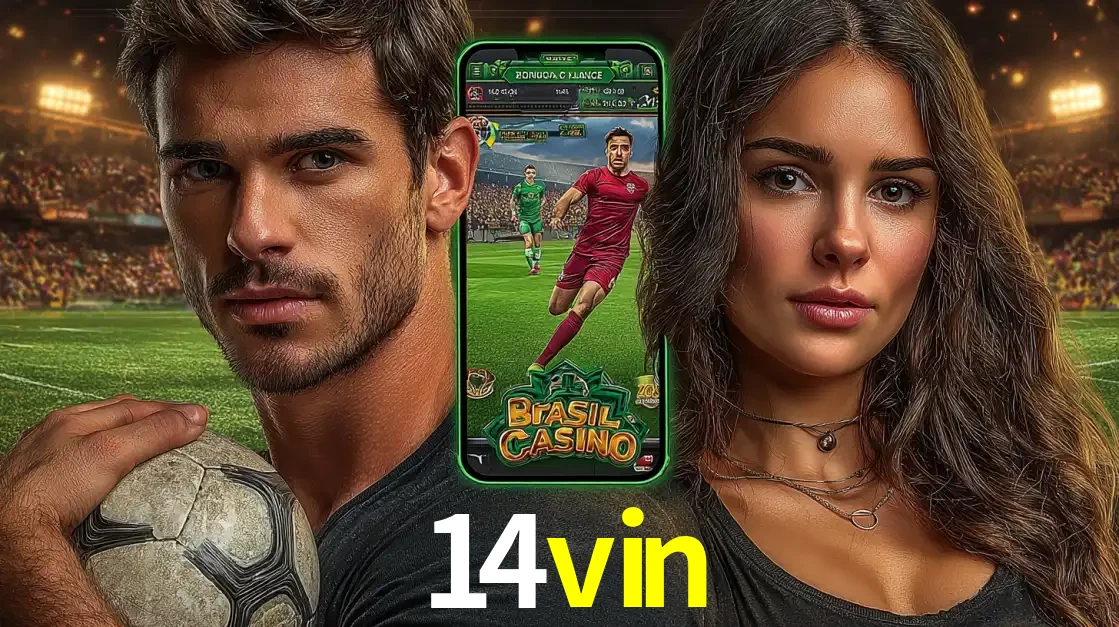 Homem segurando uma bola de futebol e uma mulher ao lado de um smartphone exibindo o jogo de apostas esportivas da 14vin. Faça seu palpite no cassino online.